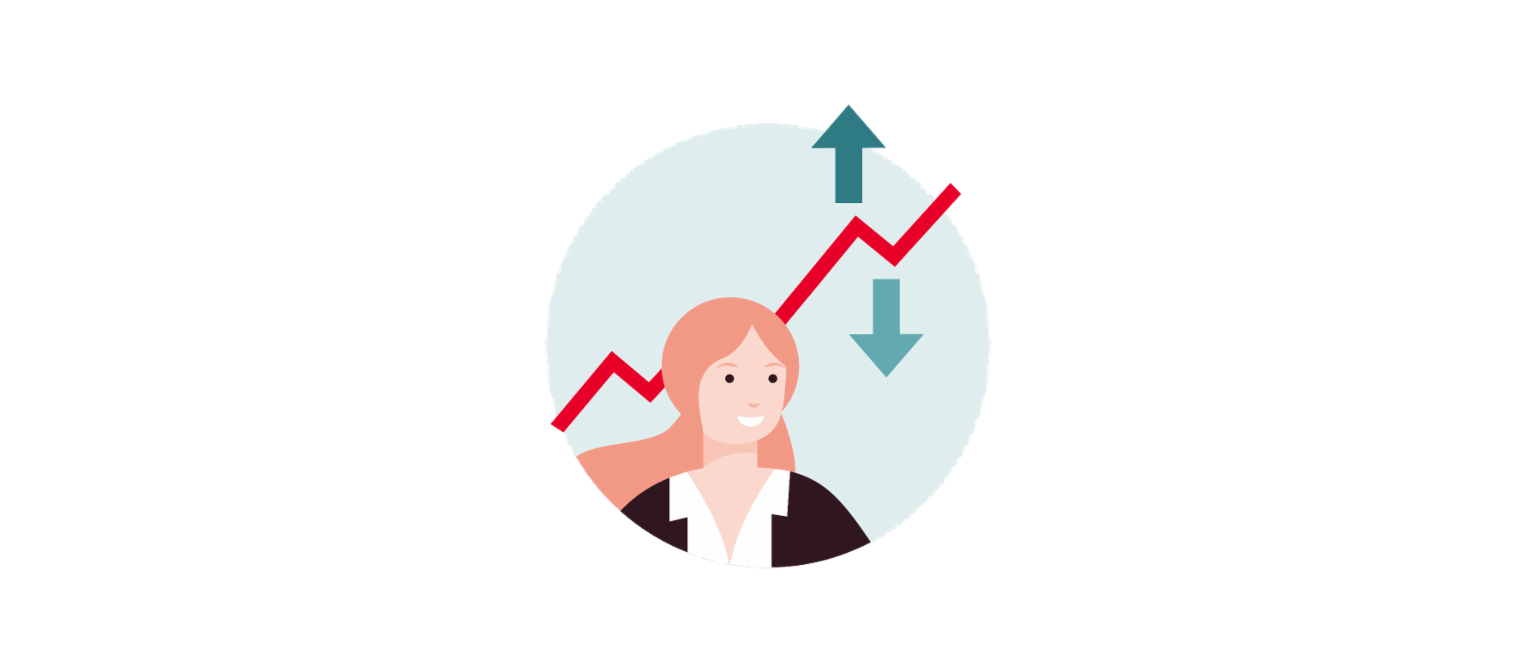 Инфографиката 2 прикажува крива што се движи нагоре, но стабилно, во цикцак-шема. Стрелка нагоре и стрелка надолу ја претставуваат евалуацијата на основните податоци.