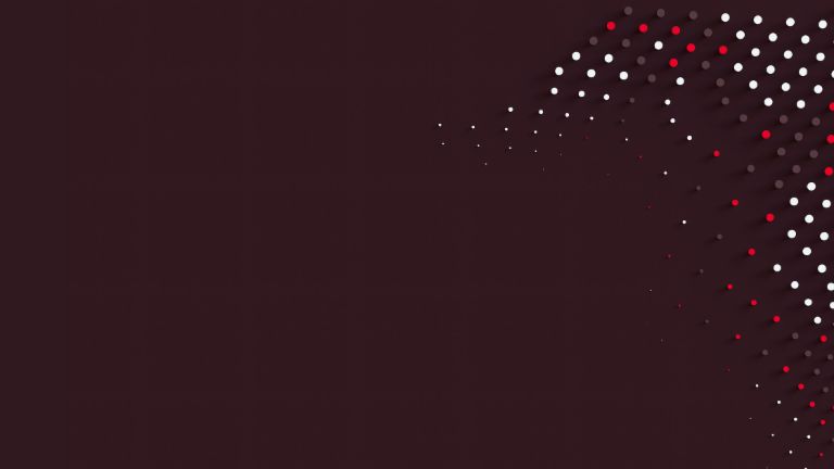 Динамична графика со црвени, бели и црни точки кои симболизираат движење и иновација во управувањето со побарувања во EOS