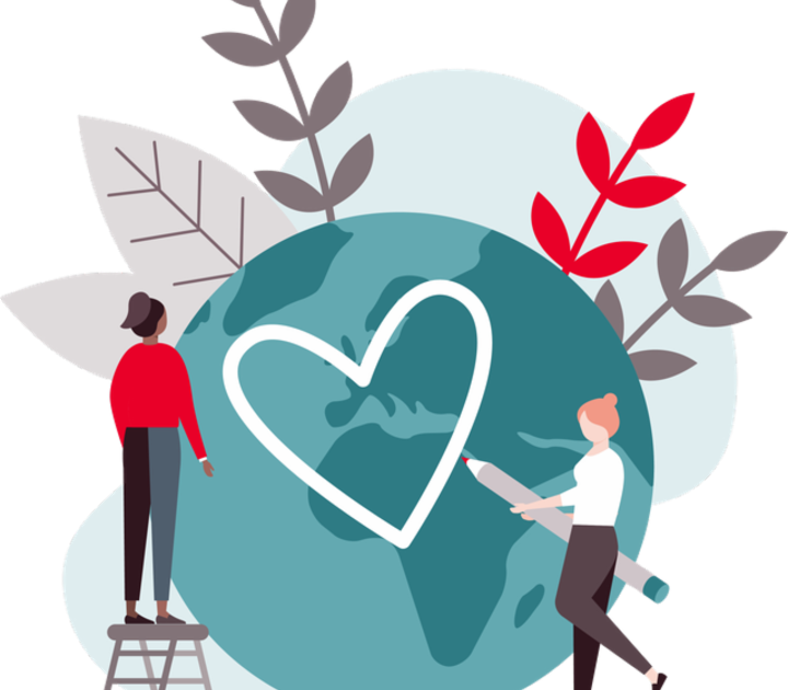 A green world flourishes with plants as two individuals promote sustainability - one painting a heart, the other standing on a small ladder, symbolizing care and progress.