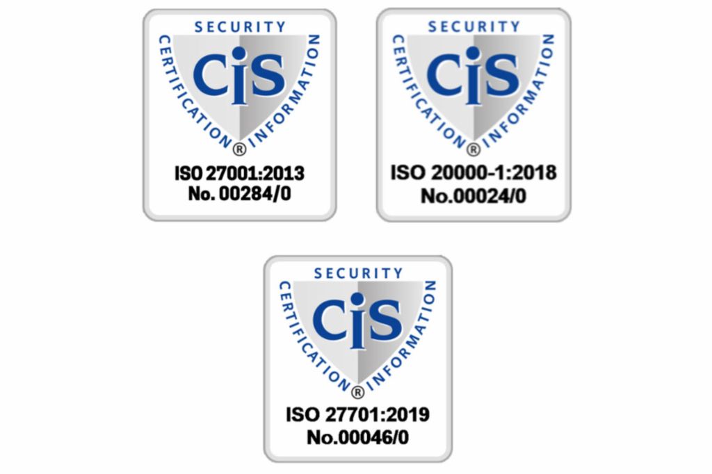 Три значки за сертификации CIS: ISO 27001:2013, ISO 20000-1:2018 и ISO 27701:2019, потврдувајќи усогласеност со највисоките безбедносни стандарди.