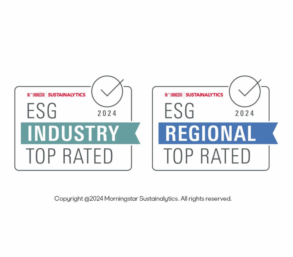 Значки: Највисоко оценети во индустријата според ESG & Највисоко оценети во регионот според ESG<br/>Copyright @2024 Morningstar Sustainalytics. Сите права се задржани