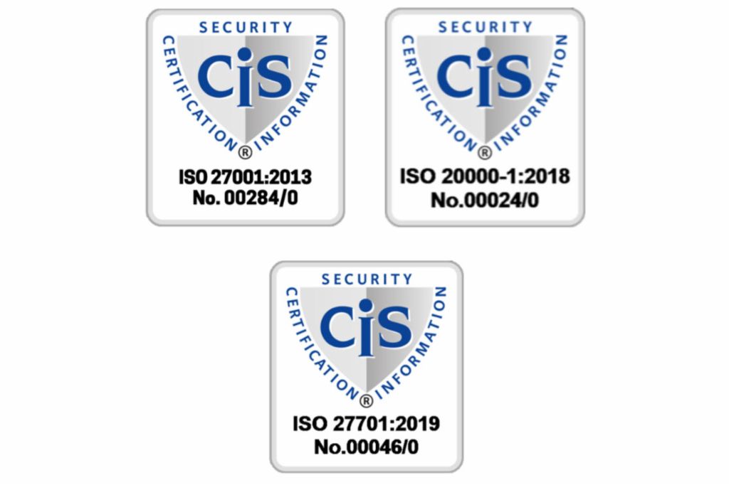 Три значки за сертификации CIS: ISO 27001:2013, ISO 20000-1:2018 и ISO 27701:2019, потврдувајќи усогласеност со највисоките безбедносни стандарди.